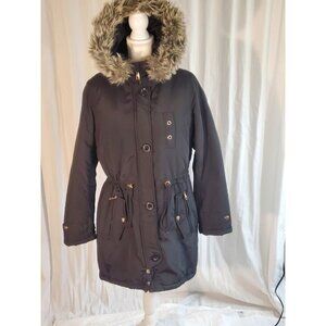 Steve Madden Parka Black Faux Fur Trim And Lining Removable Hood Sz M Penny Lane